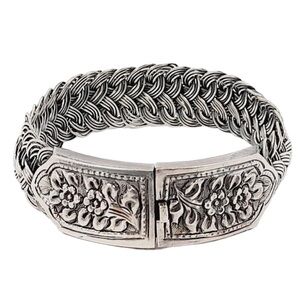 Vintage Unique Sterling Silver Braided Bracelet with Floral Repousse Closure *